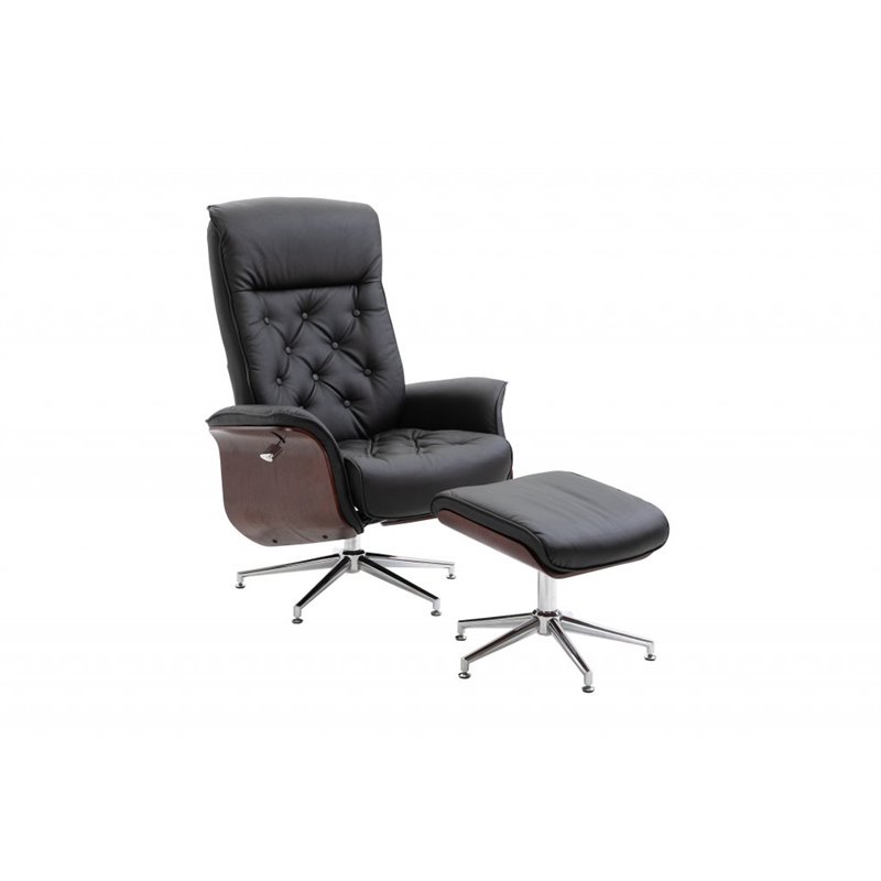 Göran Recliner with Ottoman, Black PU, Oek Ambod, chrome foot