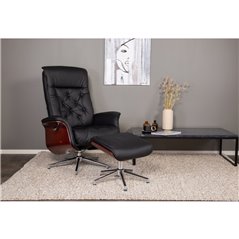 Göran Recliner with Ottoman, Black PU, Oek Ambod, chrome foot