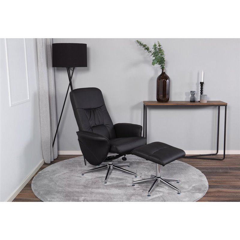 Rolf Recliner with ottoman, Black PU, chrome foot