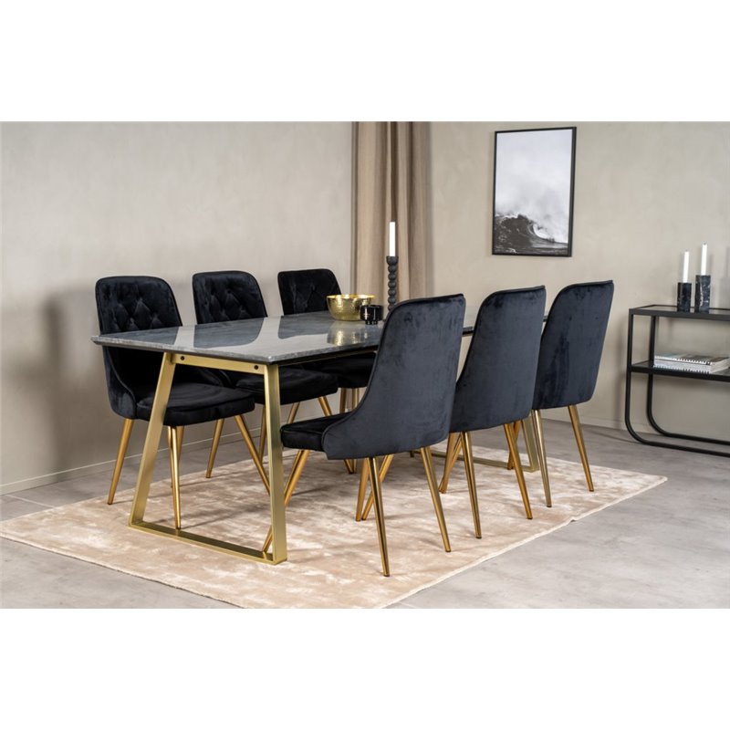 Estelle Dining Table 200*90*H76 - Grey / Brass, Velvet Deluxe Dining Chair - Black / Brass_6