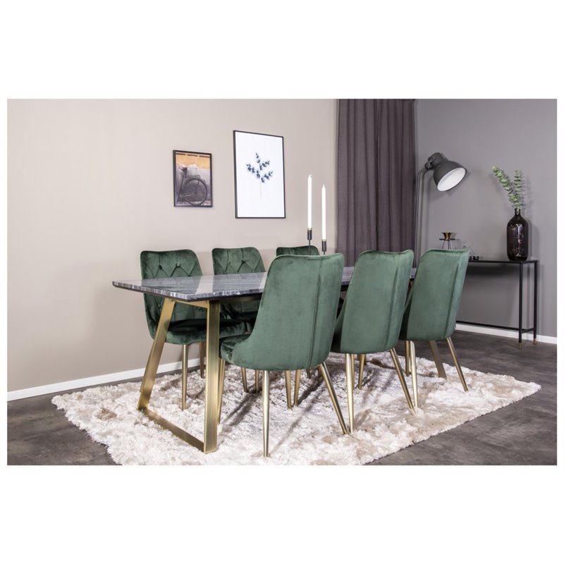 Estelle Dining Table 200*90*H76 - Grey / Brass, Velvet Deluxe Dining Chair - Green / Brass_6