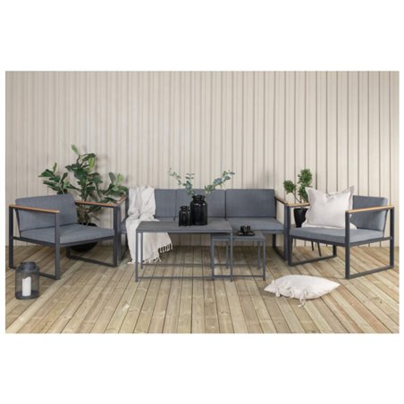 Loungegruppe Dakar - 1 sofa + 2 lænestole + 2 sofaborde - Grå / Sort / Naturlig - Stål / Sprayglas / Træ