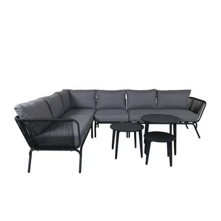 Loungegrupp Roxo - 1 st Hörnsoffa - 3 st Bord - Grå/Svart - Aluminium/Rep/Tyg