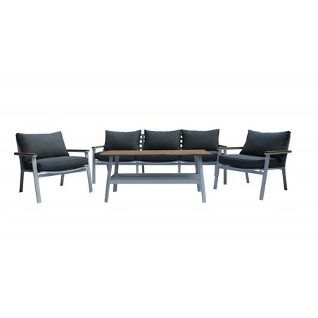 Loungegruppe Brasilia - 1 sofa + 2 lænestole + 1 bord + hynder - grå / teak / hvid