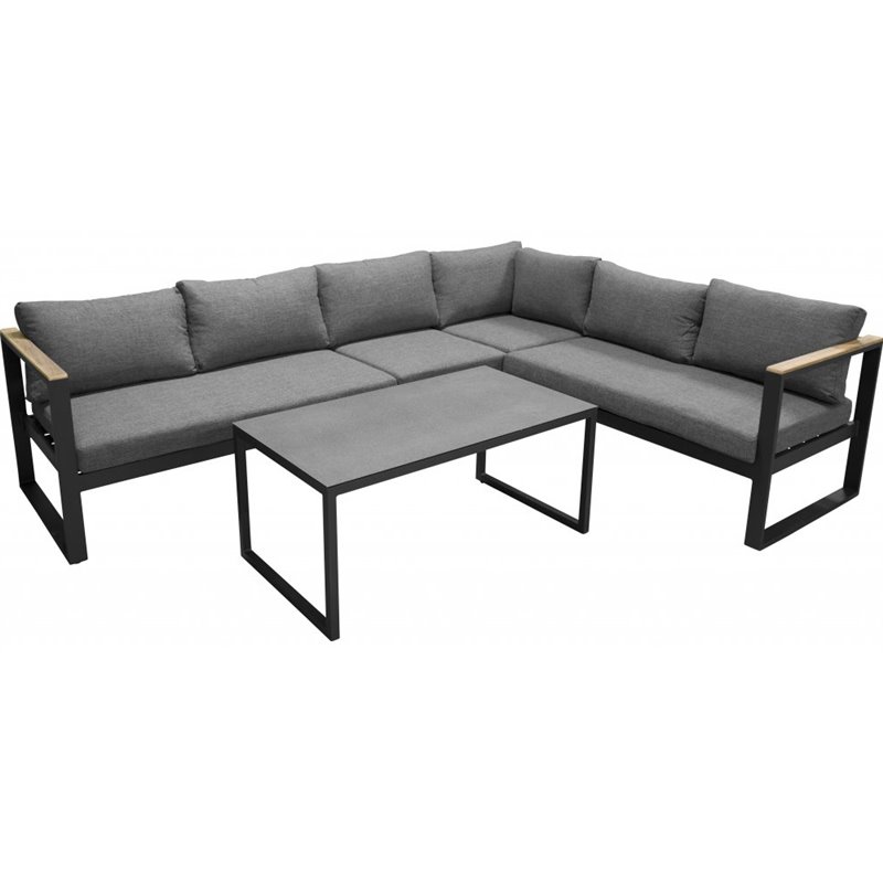 Texas hjørnesofa - sort aluminium / teak / grå puder