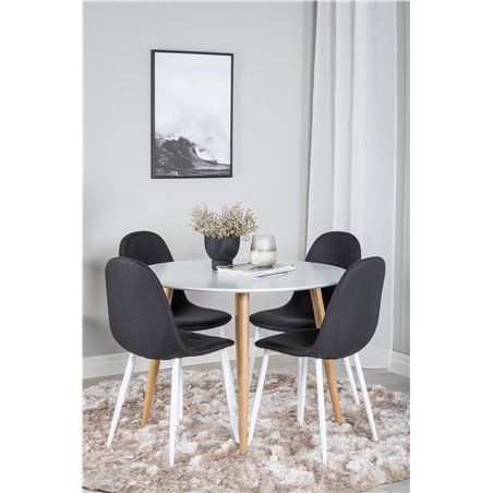 Plaza Round Dining Table - ø 100cm - White / Oak, Polar Dining Chair - White Legs - Black Fabric_4