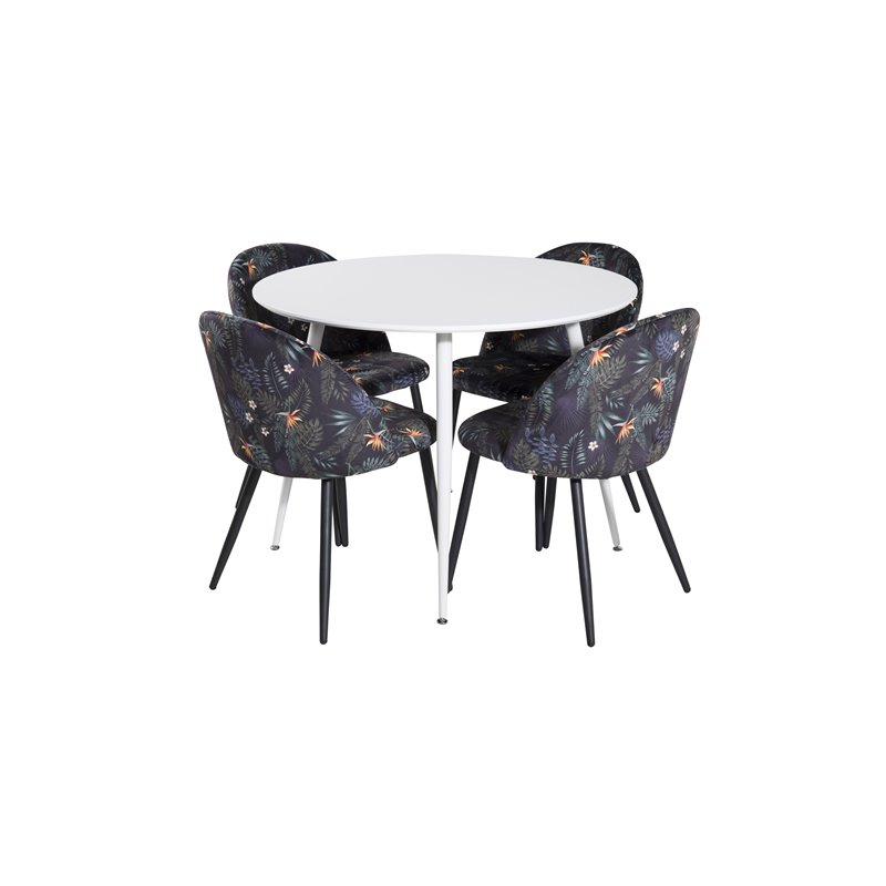 Plaza Round Table 100 cm - White top / White Legs, Velvet Dining Chair -  Black Flower fabric_4