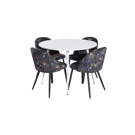 Plaza Round Table 100 cm - White top / White Legs, Velvet Dining Chair -  Black Flower fabric_4