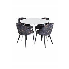 Plaza Round Table 100 cm - White top / White Legs, Velvet Dining Chair -  Black Flower fabric_4