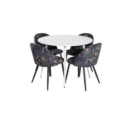 Plaza Round Table 100 cm - White top / White Legs, Velvet Dining Chair -  Black Flower fabric_4