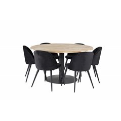 Cirebon Round Table - 140cm - Nature / Black, Velvet Dining Chair - Black / Black_6