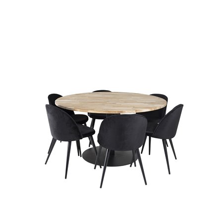 Cirebon Round Table - 140cm - Nature / Black, Velvet Dining Chair - Black / Black_6