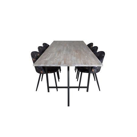 Jepara Dining Table - 250*100*H76 - Grey /Black, Velvet Dining Chair -  Black Flower fabric_6