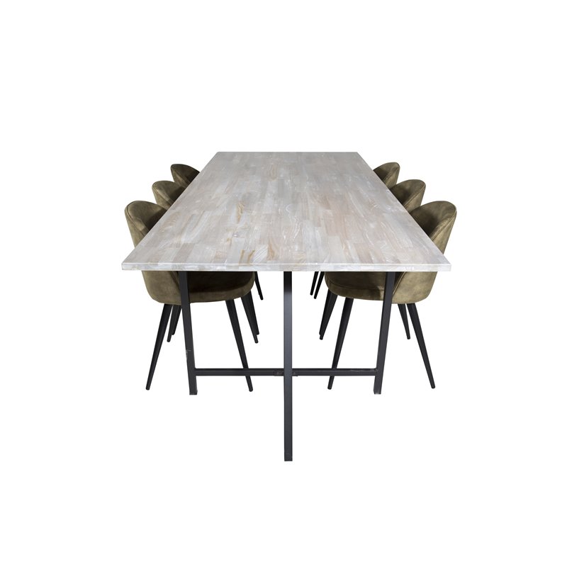 Jepara Dining Table - 250*100*H76 - Grey /Black, Velvet Dining Chiar - Black legs -  Dusty Green Velvet_6