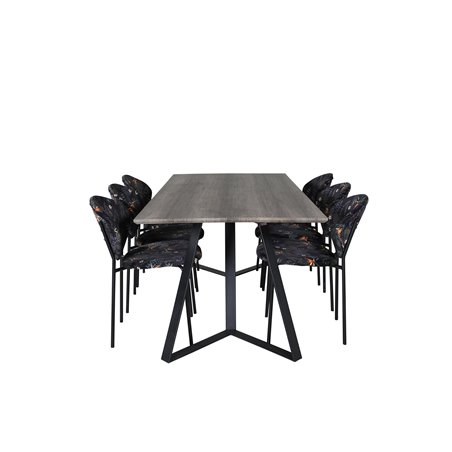 Marina Dining Table - 180*90*H75 - Grey / Black, Vault Dining Chair - Black legs - Black Flower printed fabric_6