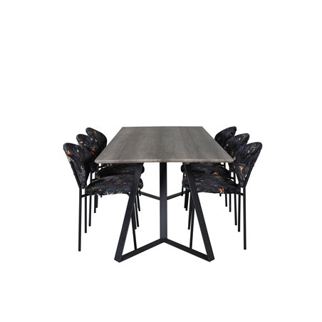 Marina Dining Table - 180*90*H75 - Grey / Black, Vault Dining Chair - Black legs - Black Flower printed fabric_6