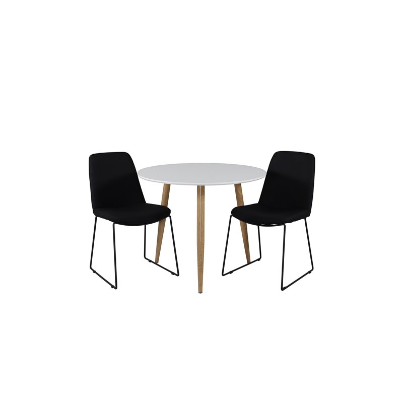 Polar Dining Table ø 90cm - White / Oak, Muce Dining Chair - Black Legs - Black Fabric_2