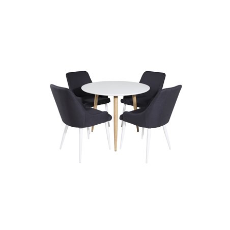 Polar Dining Table ø 90cm - White / Oak, Plaza Dining Chair - White Legs - Black Fabric_4