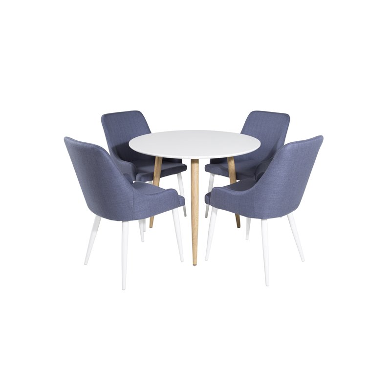 Polar Dining Table ø 90cm - White / Oak, Plaza Dining Chair - White Legs - Blue Fabric_4