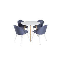 Polar Dining Table ø 90cm - White / Oak, Velvet Dining Chiar - White legs - Blue Fabric_4