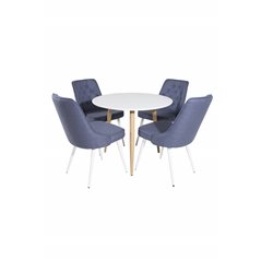 Polar Dining Table ø 90cm - White / Oak, Velvet Deluxe Dining Chair - White Legs - Blue Fabric_4