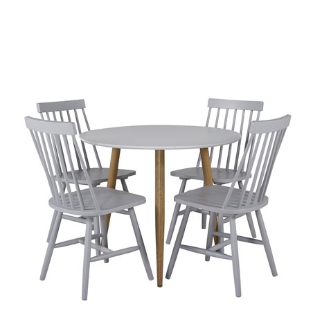 Polar Dining Table ø 90cm - White / Oak, Lönneberga Windsor Chair - Light Grey_4