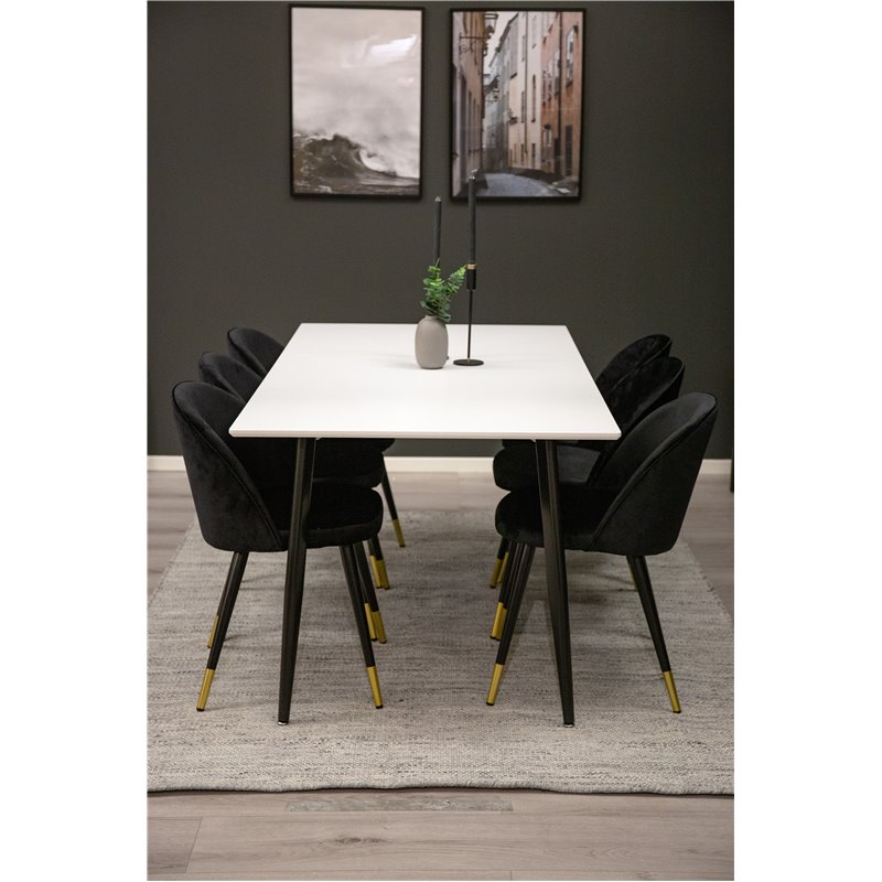 Polar Dining Table - 180*90*H75 - White / Black, Velvet Dining Chair Brass - Black / Black_6