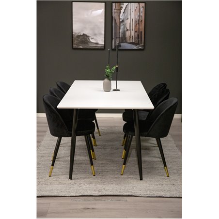 Polar Dining Table - 180*90*H75 - White / Black, Velvet Dining Chair Brass - Black / Black_6