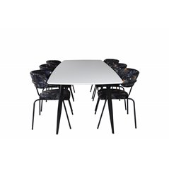 Polar Ellipse Dining Table - 240*100*H75 - White / Black, Arrow armchair - Black Legs - Black Flower printed Fabric_6