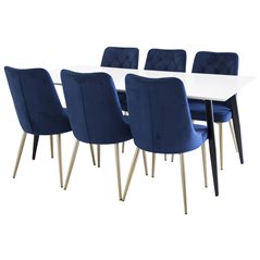 Polar Dining Table - 180*90*H75 - White / Black, Velvet Deluxe Dining Chair - Blue / Brass_6