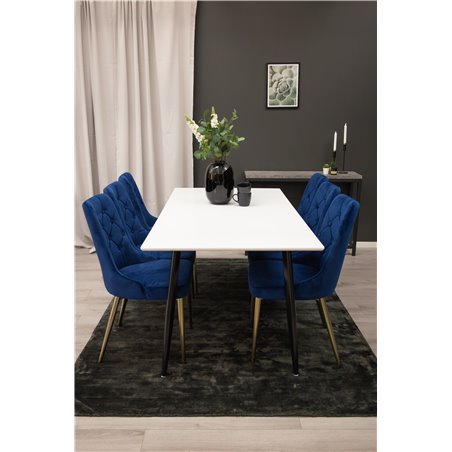 Polar Spisebord - 180 * 90 * H75 - Hvid / Sort, Velvet Deluxe spisestuestol - Blue / Messing_6