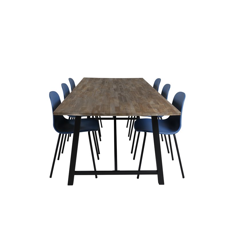 Malang Spisebord - 250 * 100 * H76 - Mørk Teak / Sort, Arctic Dining Chair - Sorte Ben - Blue Pla stic_6