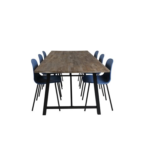 Malang Spisebord - 250 * 100 * H76 - Mørk Teak / Sort, Arctic Dining Chair - Sorte Ben - Blue Pla stic_6