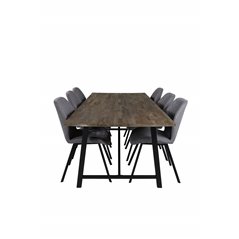 Malang Dining Table - 250*100*H76 - Dark Teak / Black, Gemma  Dining Chair - Black Legs - Grey Fabric_6