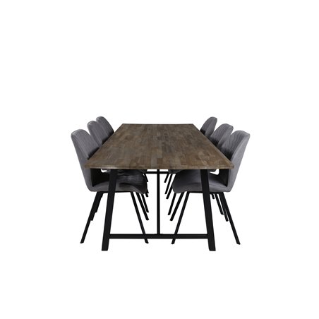 Malang Dining Table - 250*100*H76 - Dark Teak / Black, Gemma  Dining Chair - Black Legs - Grey Fabric_6