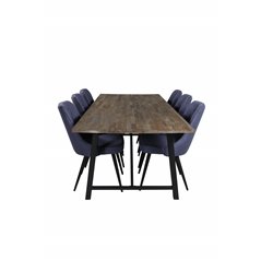 Malang Dining Table - 250*100*H76 - Dark Teak / Black, Velvet Deluxe Dining Chair - Black Legs - Blue Fabric_6