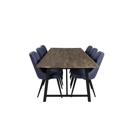 Malang Dining Table - 250*100*H76 - Dark Teak / Black, Velvet Deluxe Dining Chair - Black Legs - Blue Fabric_6