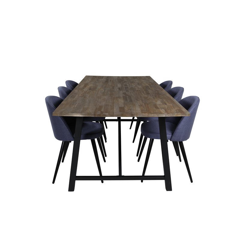 Malang Dining Table - 250*100*H76 - Dark Teak / Black, Velvet Dining Chiar - Black legs - Blue Fabric_6