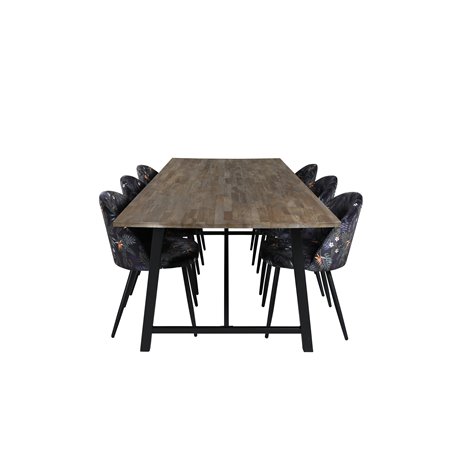 Malang Dining Table - 250*100*H76 - Dark Teak / Black, Velvet Dining Chair -  Black Flower fabric_6