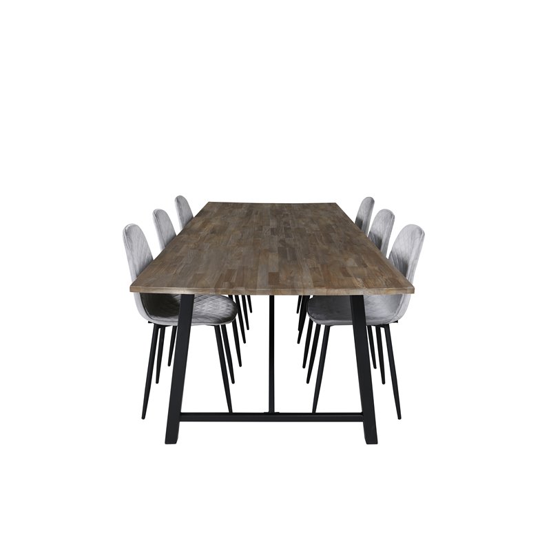 Malang Dining Table - 250*100*H76 - Dark Teak / Black, Polar Diamond Dining Chair - Black Legs - Grey Velvet_6