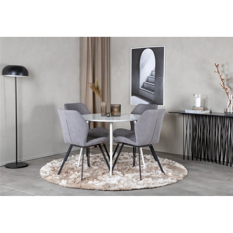 Plaza Round Table 100 cm - White top / White Legs, Gemma  Dining Chair - Black Legs - Grey Fabric_4