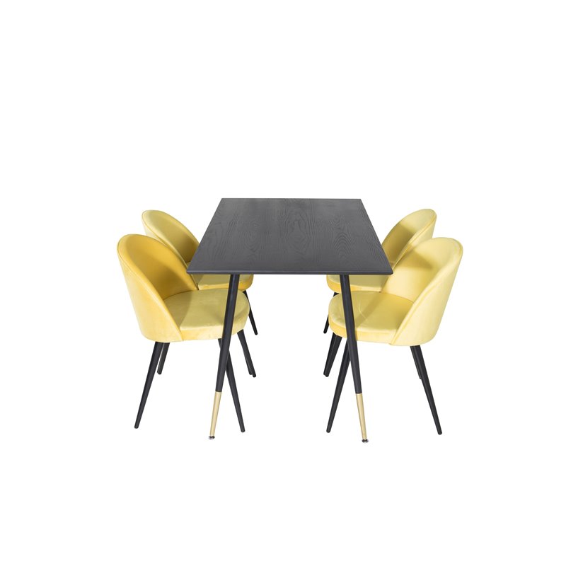 Dipp Dining Table - 120 cm - Black Veneer - Black Legs w, Brass dipp, Velvet Dining Chair - Yellow / Black_4