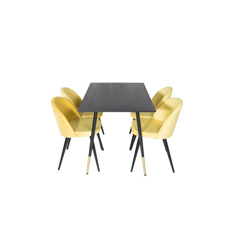 Dipp Dining Table - 120 cm - Black Veneer - Black Legs w, Brass dipp, Velvet Dining Chair - Yellow / Black_4