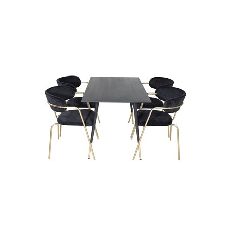 Dipp Dining Table - 120 cm - Black Veneer - Black Legs w, Brass dipp, Arrow armchair - Brass Legs - Black Velvet_4