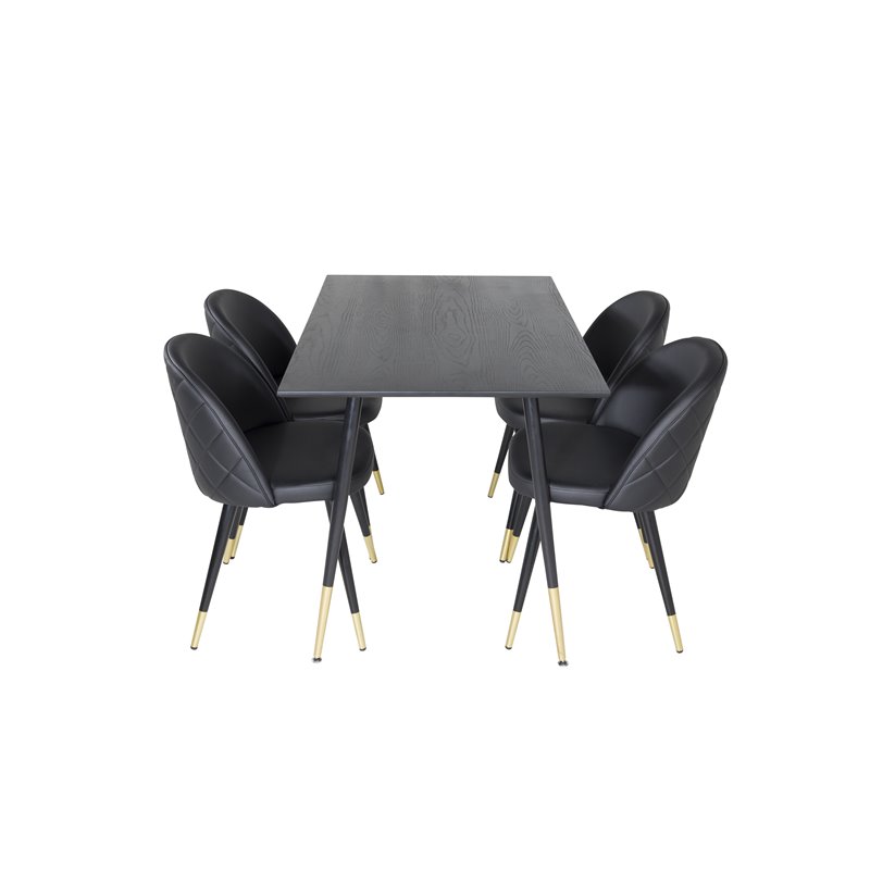 Dipp Dining Table - 120 cm - Black Veneer - Black Legs w, Brass dipp, Velvet Dining Chair w, Stiches - PU - Black / Black_4