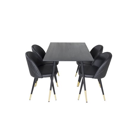 Dipp Dining Table - 120 cm - Black Veneer - Black Legs w, Brass dipp, Velvet Dining Chair w, Stiches - PU - Black / Black_4