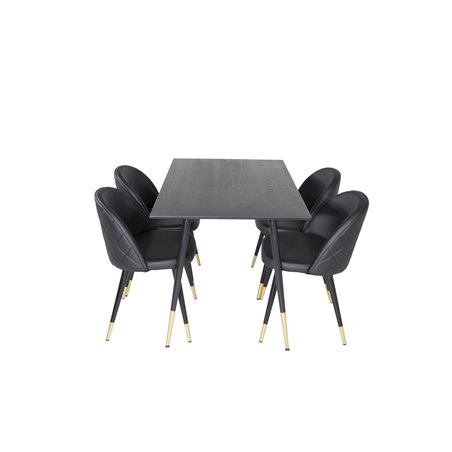 Dipp Dining Table - 120 cm - Black Veneer - Black Legs w, Brass dipp, Velvet Dining Chair w, Stiches - PU - Black / Black_4