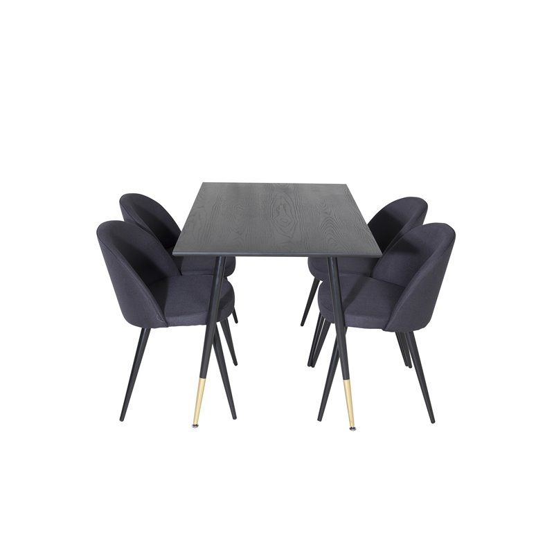 Dipp Dining Table - 120 cm - Black Veneer - Black Legs w, Brass dipp, Velvet Dining Chiar - Black legs- Black Fabric_4