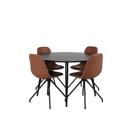 Dipp Dining Table - 115cm - Black Veneer / All black legs , Polar Dining Chair with Spin function - black Legs - Brown PU - Whit