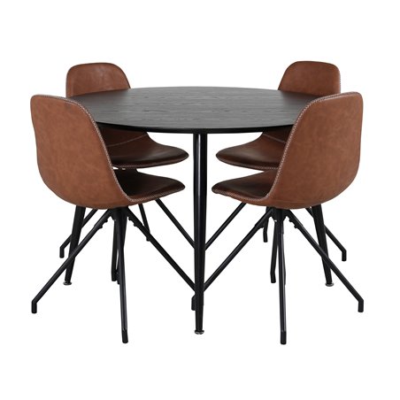 Dipp Dining Table - 115cm - Black Veneer / All black legs , Polar Dining Chair with Spin function - black Legs - Brown PU - Whit